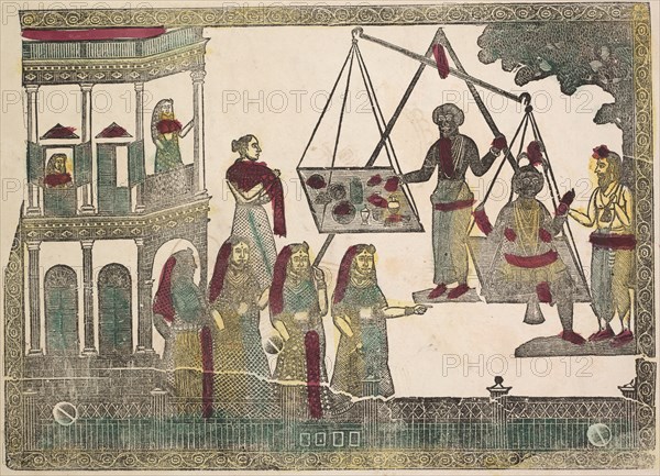 Krishna Weighted against Precious Objects (?), 1800s. Shri Gobinda Chandra Roy. Black ink and hand-colored with green, yellow and red on paper; secondary support: 30 x 48.7 cm (11 13/16 x 19 3/16 in.); painting only: 28.5 x 45 cm (11 1/4 x 17 11/16 in.).