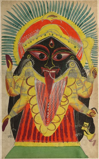 The Goddess Kali, 1800s. India, Calcutta, Kalighat painting, 19th century. Black ink, watercolor, and tin paint on paper; secondary support: 49.7 x 29.3 cm (19 9/16 x 11 9/16 in.); painting only: 45.9 x 28 cm (18 1/16 x 11 in.).