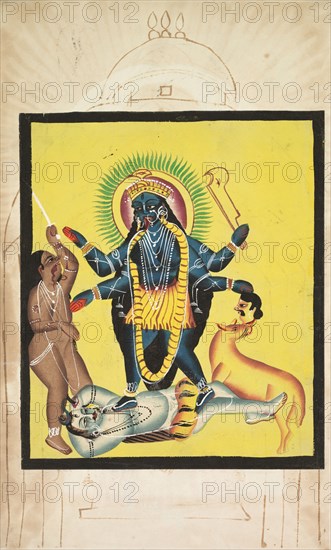 Kali Standing on Shiva, 1800s. India, Calcutta, Kalighat painting, 19th century. Black ink and color on paper; secondary support: 49.7 x 29.3 cm (19 9/16 x 11 9/16 in.); painting only: 30 x 25.5 cm (11 13/16 x 10 1/16 in.).