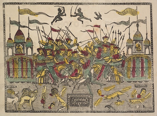 Battle Scene, 1800s. Shri Gobinda Chandra Roy. Black ink and hand-colored with yellow, red and green on paper; secondary support: 49.8 x 31.4 cm (19 5/8 x 12 3/8 in.); painting only: 26.8 x 41.6 cm (10 9/16 x 16 3/8 in.).