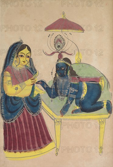 Baby Krishna Asking for Butter from Yashoda, 1800s. India, Calcutta, Kalighat painting, 19th century. Black ink, watercolor, and tin paint, with graphite underdrawing on paper; secondary support: 48 x 30 cm (18 7/8 x 11 13/16 in.); painting only: 45.7 x 28 cm (18 x 11 in.).