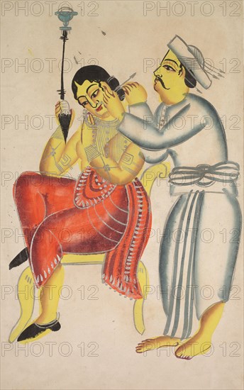 Barber Cleaning a Woman’s Ear, 1800s. India, Calcutta, Kalighat painting, 19th century. Black ink, watercolor, and tin paint on paper; secondary support: 47.8 x 29.7 cm (18 13/16 x 11 11/16 in.); painting only: 45.3 x 28.4 cm (17 13/16 x 11 3/16 in.).