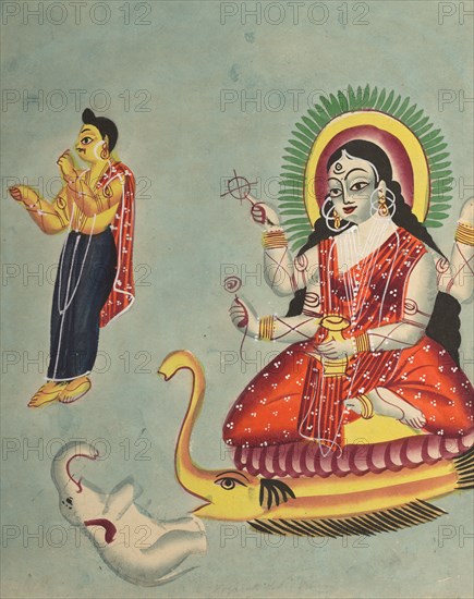 The Goddess Ganga, 1800s. India, Calcutta, Kalighat painting, 19th century. Black ink, color paint, and graphite underdrawing on paper; secondary support: 35.8 x 27 cm (14 1/8 x 10 5/8 in.); painting only: 29.8 x 22.5 cm (11 3/4 x 8 7/8 in.).