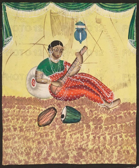 Woman Playing Music, 1800s. India, Calcutta, Kalighat painting, 19th century. Black ink, color paint, and graphite underdrawing on paper; secondary support: 47.7 x 29.1 cm (18 3/4 x 11 7/16 in.); painting only: 30.7 x 25.7 cm (12 1/16 x 10 1/8 in.).
