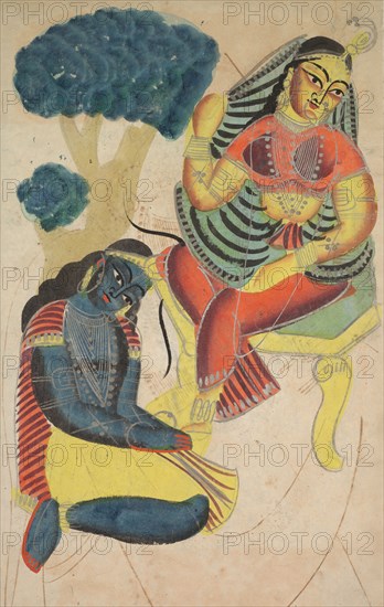Krishna Stroking Radha's Feet, 1800s. India, Calcutta, Kalighat painting, 19th century. Black ink, watercolor with graphite underdrawing