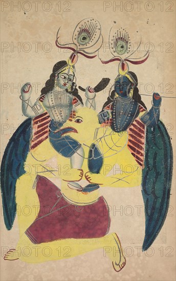 Garuda Carrying Balarama and Krishna, 1800s. India, Calcutta, Kalighat painting, 19th century. Black ink, watercolor, and tin paint, with graphite underdrawing on paper; secondary support: 47.9 x 29.3 cm (18 7/8 x 11 9/16 in.); painting only: 45.2 x 27.8 cm (17 13/16 x 10 15/16 in.).