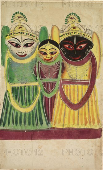 Jagannatha Trio, 1800s. India, Calcutta, Kalighat painting, 19th century. Black ink, color and silver paint, and graphite underdrawing on paper; secondary support: 47.9 x 29.3 cm (18 7/8 x 11 9/16 in.); painting only: 45.5 x 28 cm (17 15/16 x 11 in.).