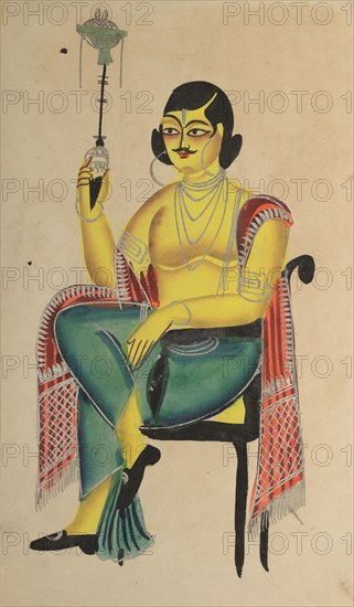 English Babu (Native Indian Clerk) Holding a Hookah, 1800s. India, Calcutta, Kalighat painting, 19th century. Black ink, watercolor, and tin paint, with graphite underdrawing on paper; secondary support: 48 x 29.5 cm (18 7/8 x 11 5/8 in.); painting only: 45.7 x 28 cm (18 x 11 in.).