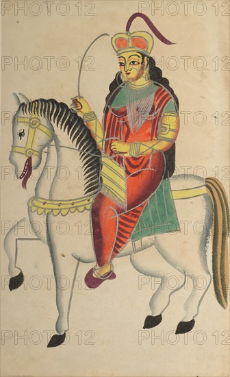 The Mutiny of the Heroine Rani Lakshmi Bai of Jhansi, 1800s. India, Calcutta, Kalighat painting, 19th century. Black ink, watercolor, and tin paint, with graphite underdrawing on paper; secondary support: 48.5 x 29.6 cm (19 1/8 x 11 5/8 in.); painting only: 45.5 x 28 cm (17 15/16 x 11 in.).