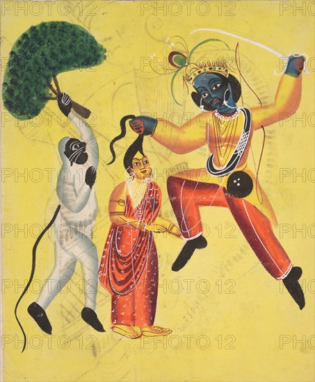 Rama and Hanuman, Holding an Uprooted Tree, Rescues Sita , 1800s. India, Calcutta, Kalighat painting, 19th century. Black ink and color paint on paper; secondary support: 48.6 x 29.8 cm (19 1/8 x 11 3/4 in.); painting only: 35 x 25.9 cm (13 3/4 x 10 3/16 in.).