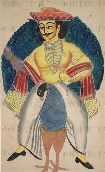Kartikeya, 1800s. India, Calcutta, Kalighat painting, 19th century. Black ink, watercolor, and tin paint, with graphite underdrawing on paper; secondary support: 47.8 x 29.1 cm (18 13/16 x 11 7/16 in.); painting only: 45.8 x 28.2 cm (18 1/16 x 11 1/8 in.).