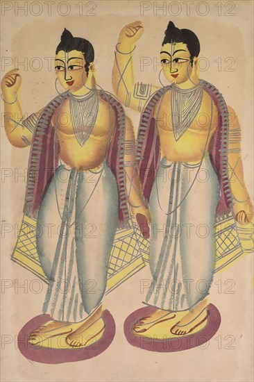 Nitai and Gaur, 1800s. India, Calcutta, Kalighat painting, 19th century. Black ink, watercolor, and tin paint, with graphite underdrawing on paper; secondary support: 50 x 29.6 cm (19 11/16 x 11 5/8 in.); painting only: 45.4 x 27.8 cm (17 7/8 x 10 15/16 in.).