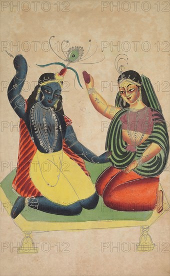 Radha and Krishna, 1800s. India, Calcutta, Kalighat painting, 19th century. Black ink, watercolor, and tin paint, with graphite underdrawing on paper; secondary support: 47.7 x 29.7 cm (18 3/4 x 11 11/16 in.); painting only: 45.6 x 27.7 cm (17 15/16 x 10 7/8 in.).