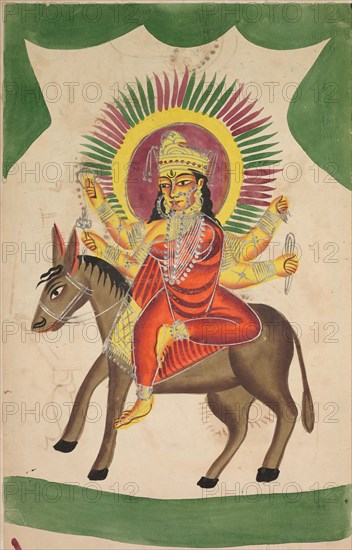 Sheetaladevi: The Smallpox Goddess, 1800s. India, Calcutta, Kalighat painting, 19th century. Black ink, watercolor, and tin paint, with graphite underdrawing on paper; secondary support: 46.9 x 29.8 cm (18 7/16 x 11 3/4 in.); painting only: 45.5 x 27.7 cm (17 15/16 x 10 7/8 in.).