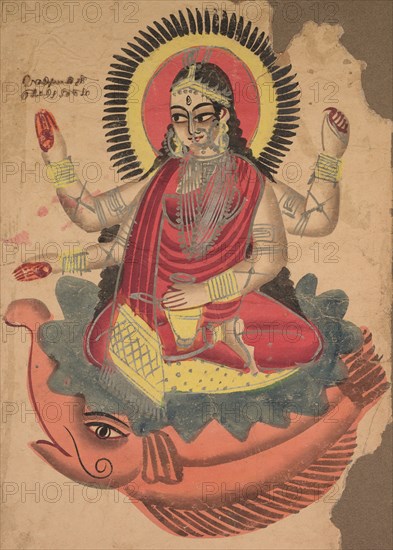 The Goddess Ganga, 1800s. India, Calcutta, Kalighat painting, 19th century. Black ink, color and silver paint, and graphite underdrawing on paper; secondary support: 53 x 35.6 cm (20 7/8 x 14 in.); painting only: 45.1 x 27.6 cm (17 3/4 x 10 7/8 in.).