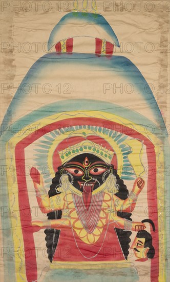 Kali, 1800s. India, Calcutta, Kalighat painting, 19th century. Black ink, color and silver paint, and graphite underdrawing on paper; painting only: 44.8 x 27.8 cm (17 5/8 x 10 15/16 in.).