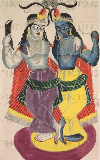 Balarama and Krishna, 1800s. India, Calcutta, Kalighat painting, 19th century. Black ink, watercolor with graphite underdrawing
