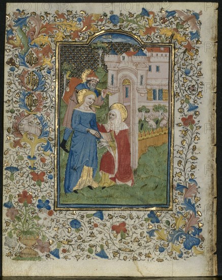 The Visitation: Leaf from a Book of Hours (5 of 6 Excised Leaves), c. 1420. Or workshop Henri d'Orquevaulx (French). Ink, tempera and gold on vellum; each leaf: 16.1 x 12.5 cm (6 5/16 x 4 15/16 in.)