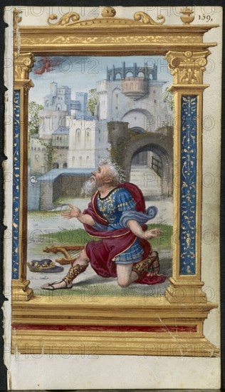 Leaf from a Book of Hours: King David in Prayer (2 of 3 Excised Leaves), c. 1530-35. Noël Bellemare (French, d. 1546), The 1520s Hours Workshop (French). Ink, tempera and liquid gold on vellum; each leaf: 11.2 x 6.4 cm (4 7/16 x 2 1/2 in.)