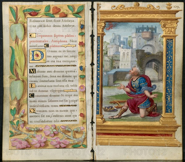 Adjoining Leaves from a Book of Hours: Penitential Psalms and King David in Prayer (2 of 3 Excised Leaves), c. 1530-35. Noël Bellemare (French, d. 1546), The 1520s Hours Workshop (French). Ink, tempera and liquid gold on vellum; each leaf: 11.2 x 6.4 cm (4 7/16 x 2 1/2 in.)