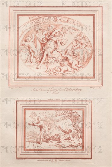 Corsica e Satiro, 1762-1763. William Ryland (British, 1732-1783), after Filippo Lauri (Italian, 1623-1694). Chalk-manner etching and engraving printed in red ; sheet: 52.6 x 36.2 cm (20 11/16 x 14 1/4 in.); part 1: 22.7 x 22.5 cm (8 15/16 x 8 7/8 in.); part 2: 15.7 x 19.7 cm (6 3/16 x 7 3/4 in.).