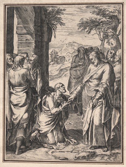 Copy of Cornelis Cort: Christ Giving the Key of the Church to Saint Peter, c. 1567. Anonymous, after Girolamo Muziano (Italian, 1528/32-1592). Etching and engraving; sheet: 27.5 x 20.4 cm (10 13/16 x 8 1/16 in.)