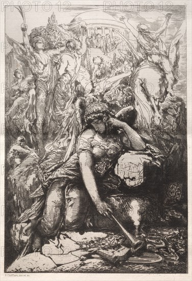 Melancholy. Nicolas-François Chifflart (French, 1825-1901), Francois Liénard, Paris. Etching; sheet: 44.4 x 30.4 cm (17 1/2 x 11 15/16 in.); platemark: 27.9 x 19 cm (11 x 7 1/2 in.)