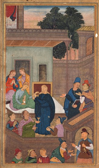 Jesus Raises Jairus's Daughter from the Dead, from a Mirror of Holiness (Mir’at al-quds) of Father Jerome Xavier, 1602-1604. Northern India, Uttar Pradesh, Allahabad, Mughal period. Opaque watercolor, ink, color and gold on paper; sheet: 26.3 x 15.7 cm (10 3/8 x 6 3/16 in.); image: 19.5 x 11.4 cm (7 11/16 x 4 1/2 in.).