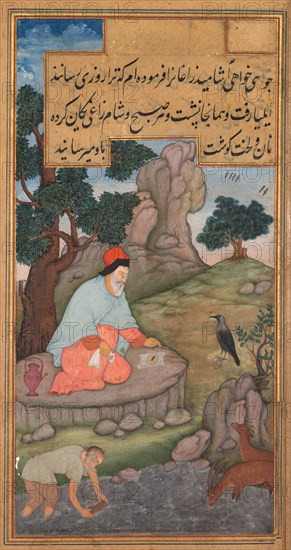 A raven brings food to Elijah, from a Mir’at al-quds of Father Jerome Xavier (Spanish, 1549–1617), 1602-1604. Northern India, Uttar Pradesh, Allahabad, Mughal period. Opaque watercolor, ink, color and gold on paper; page: 26.2 x 15.7 cm (10 5/16 x 6 3/16 in.).