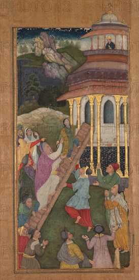 Mary ascends the stairs to the temple, from a Mir’at al-quds (Mirror of Holiness) of Father Jerome Xavier (Spanish, 1549–1617), 1602-1604. Northern India, Uttar Pradesh, Allahabad, Mughal period. Opaque watercolor, ink, color and gold on paper; page: 26.2 x 15.5 cm (10 5/16 x 6 1/8 in.).