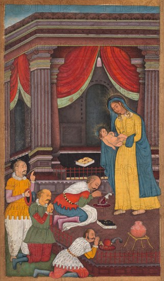 The Adoration of the Shepherds, from a Mirror of Holiness (Mir’at al-quds) of Father Jerome Xavier, 1602-1604. Northern India, Uttar Pradesh, Allahabad, Mughal period. Opaque watercolor, ink, and gold on paper; sheet: 26.2 x 15.6 cm (10 5/16 x 6 1/8 in.); image: 20 x 11.2 cm (7 7/8 x 4 7/16 in.).