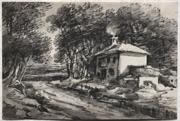 Landscape with Cottage (recto), c. 1820s. Thomas Monro (British, 1759-1833). Black chalk and gray wash with scraping; sheet: 15.6 x 23 cm (6 1/8 x 9 1/16 in.).