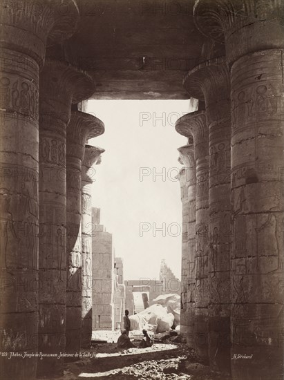 Thebes, Temple of the Ramesseum, Interior of the Hypostyle Hall, 1870s. Henri Béchard (French). Albumen print from wet collodion negative; image: 36 x 26.9 cm (14 3/16 x 10 9/16 in.); paper: 36 x 26.9 cm (14 3/16 x 10 9/16 in.); matted: 61 x 50.8 cm (24 x 20 in.)