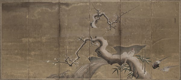 Winter Scene with Plum Trees and Pheasants (Birds Left), early 1600s. Kano Naonobu (Japanese, 1607-1650). Pair of six-fold screens, mineral pigments and gold leaf on paper; overall: 170.2 x 369.4 cm (67 x 145 7/16 in.); painting only: 155 x 353 cm (61 x 139 in.).