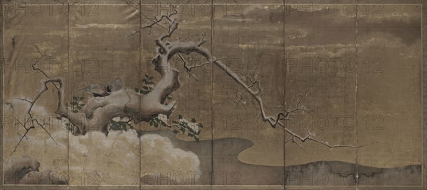 Winter Scene with Plum Trees and Pheasants (Birds Right), early 1600s. Kano Naonobu (Japanese, 1607-1650). Pair of six-fold screens, mineral pigments and gold leaf on paper, ; overall: 170.2 x 369.4 cm (67 x 145 7/16 in.); painting only: 155 x 353 cm (61 x 139 in.).