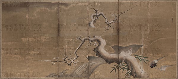 Winter Scene with Plum Trees and Pheasants , early 1600s. Kano Naonobu (Japanese, 1607-1650). Pair of six-fold screens, mineral pigments and gold leaf on paper; overall: 170.2 x 369.4 cm (67 x 145 7/16 in.).