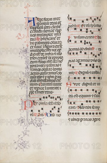 Missale: Fol. 111v; contains some music as part of Palm Sunday liturgy, 1469. Bartolommeo Caporali (Italian, c. 1420-1503), assisted by Giapeco Caporali (Italian, d. 1478). Ink; overall: 35 x 25 cm (13 3/4 x 9 13/16 in.)