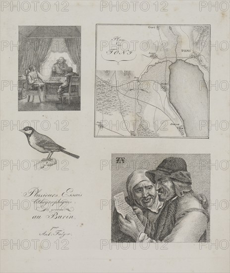 Art of the Lithograph: Four Engraving Samples, War Tent, Map of Toni, Bird, Dutch Farmer and Woman, 1819. Alois Senefelder (German, 1771-1834). Lithograph; sheet: 29.9 x 23.3 cm (11 3/4 x 9 3/16 in.); image: 19.8 x 17.5 cm (7 13/16 x 6 7/8 in.)