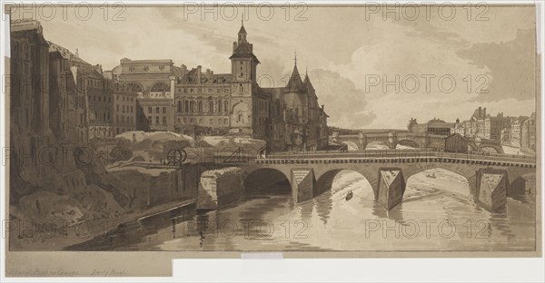 Selection of Twenty of the Most Picturesque Views in Paris:View of Pont au Change, 1802. Thomas Girtin (British, 1775-1802), Frederick Christian Lewis (British, 1779-1856). Softground etching and aquatint printed in brown ; sheet: 25.6 x 50.1 cm (10 1/16 x 19 3/4 in.); image: 22.9 x 49.1 cm (9 x 19 5/16 in.).