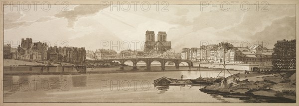 A Selection of Twenty of the Most Picturesque Views in Paris: View of Pont de la Tournelle & Notre Dame taken from the Arsenal, 1802. Thomas Girtin (British, 1775-1802), Frederick Christian Lewis (British, 1779-1856). Softground etching and aquatint printed in brown; sheet: 19.9 x 48.7 cm (7 13/16 x 19 3/16 in.); image: 15.1 x 44.5 cm (5 15/16 x 17 1/2 in.).