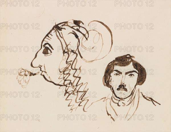 Self-Portrait with Portrait of Delacroix, c. 1845. George Sand (French, 1804-1876). Pen and ink; sheet: 16.5 x 11.2 cm (6 1/2 x 4 7/16 in.); image: 16.5 x 11.2 cm (6 1/2 x 4 7/16 in.).