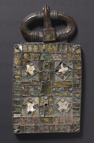 Belt Buckle, c. 525-560. Visigothic, Iberian Peninsula, Migration period, 6th century. Bronze and glass; overall: 14.1 x 8 x 1.4 cm (5 9/16 x 3 1/8 x 9/16 in.)