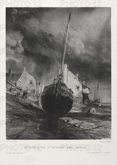 Six Marines: Souvenir Saint Valéry-sur-Somme, 1833. Eugène Isabey (French, 1803-1886), Morlot, Paris and McLean. Lithograph on chine collé; sheet: 56.5 x 37 cm (22 1/4 x 14 9/16 in.); platemark: 30.3 x 24.3 cm (11 15/16 x 9 9/16 in.).