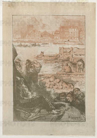 [Peasants by a Dock, Paris]. Auguste Louis Lepère (French, 1849-1918). Color lithograph; sheet: 29.2 x 20.5 cm (11 1/2 x 8 1/16 in.); platemark: 23.4 x 16.3 cm (9 3/16 x 6 7/16 in.)