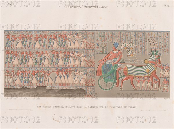 Description of Egypt: Thebes. Medynet-Abou, Vol. II, Pl. 12, 1822. Antoine Phelippeaux (French, 1767-1830), after Henry Joseph Redouté (French, 1766-1853). Engraving, hand-colored; sheet: 53 x 71.8 cm (20 7/8 x 28 1/4 in.); platemark: 42.7 x 59 cm (16 13/16 x 23 1/4 in.)
