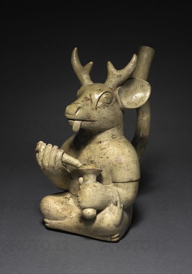 Deer-Headed Figure Vessel, 200-850. Central Andes, North Coast, Moche people, Early Intermediate Period. Ceramic, slip; overall: 26.5 x 14 x 25.5 cm (10 7/16 x 5 1/2 x 10 1/16 in.).