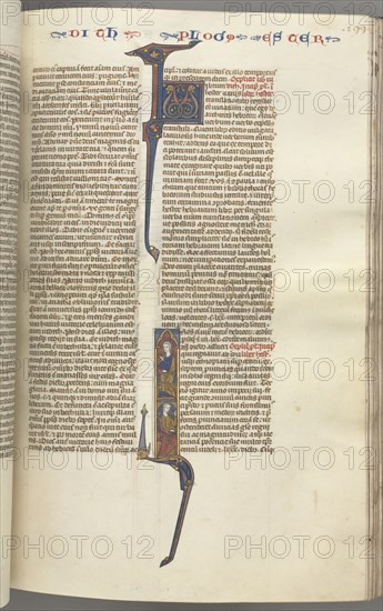 Fol. 199r, Esther, historiated initial, two seated male figures, c. 1275-1300. Southern France, Toulouse(?), 13th century. Bound illuminated manuscript in Latin; brown morocco binding; ink, tempera and gold on vellum; 533 leaves