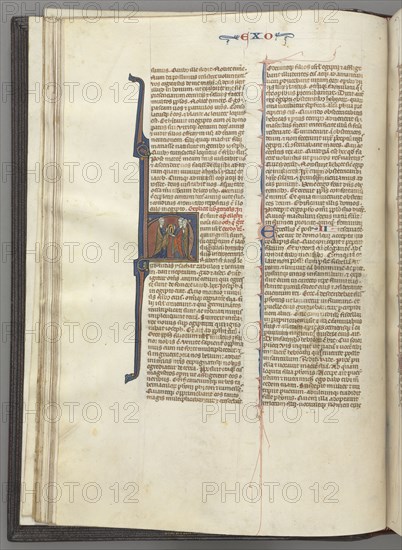 Fol. 20v, Exodus, historiated initial H, Moses and two followers with the tablets of the law, c. 1275-1300. Southern France, Toulouse(?), 13th century. Bound illuminated manuscript in Latin; brown morocco binding; ink, tempera and gold on vellum; 533 leaves