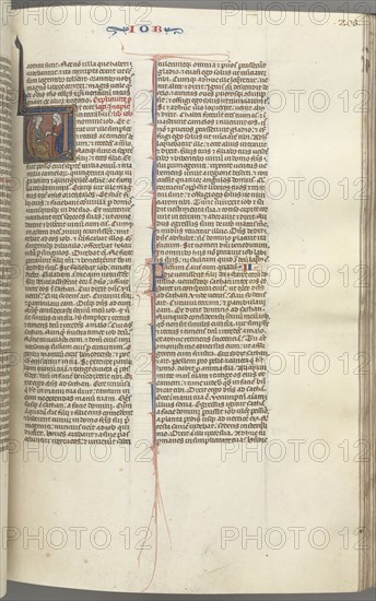 Fol. 205r, Job, historiated initial V, Job on the dungheap given a gold earring by one of his sisters, c. 1275-1300. Southern France, Toulouse(?), 13th century. Bound illuminated manuscript in Latin; brown morocco binding; ink, tempera and gold on vellum; 533 leaves