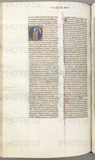 Fol. 360v, Nahum, historiated initial O, Nahum kneeling with a scroll, bust of God above, c. 1275-1300. Southern France, Toulouse(?), 13th century. Bound illuminated manuscript in Latin; brown morocco binding; ink, tempera and gold on vellum; 533 leaves